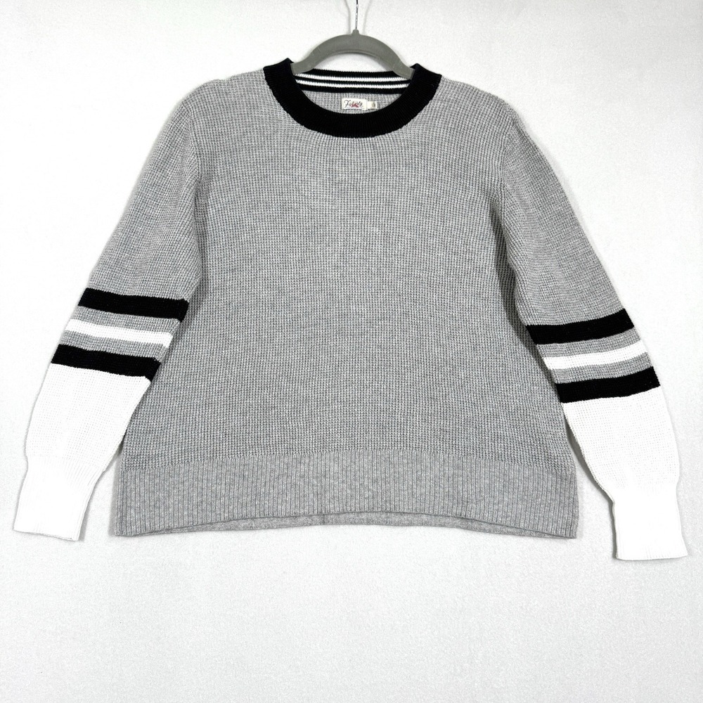 Faherty Gray Crewneck Sweater with Black & White Stripes